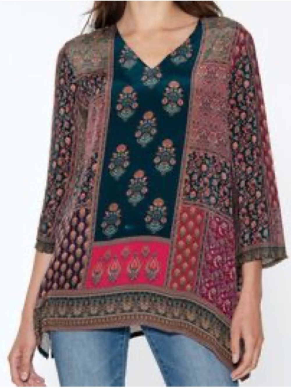 Sevya Handmade S M Cupro Patchwork Floral Boho Tunic Top Indian Print